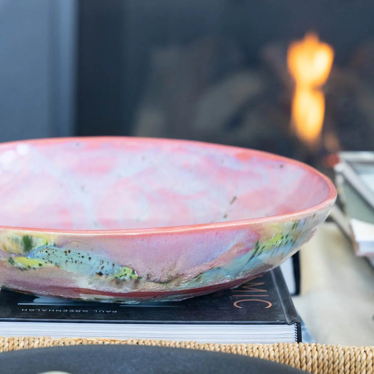 #23 XL Stoneware Abstract Art Exterior with Pinks and Blues Inside Decorative Serving Bowl (Color Spectrum Series) - Dan Pearce Ceramics