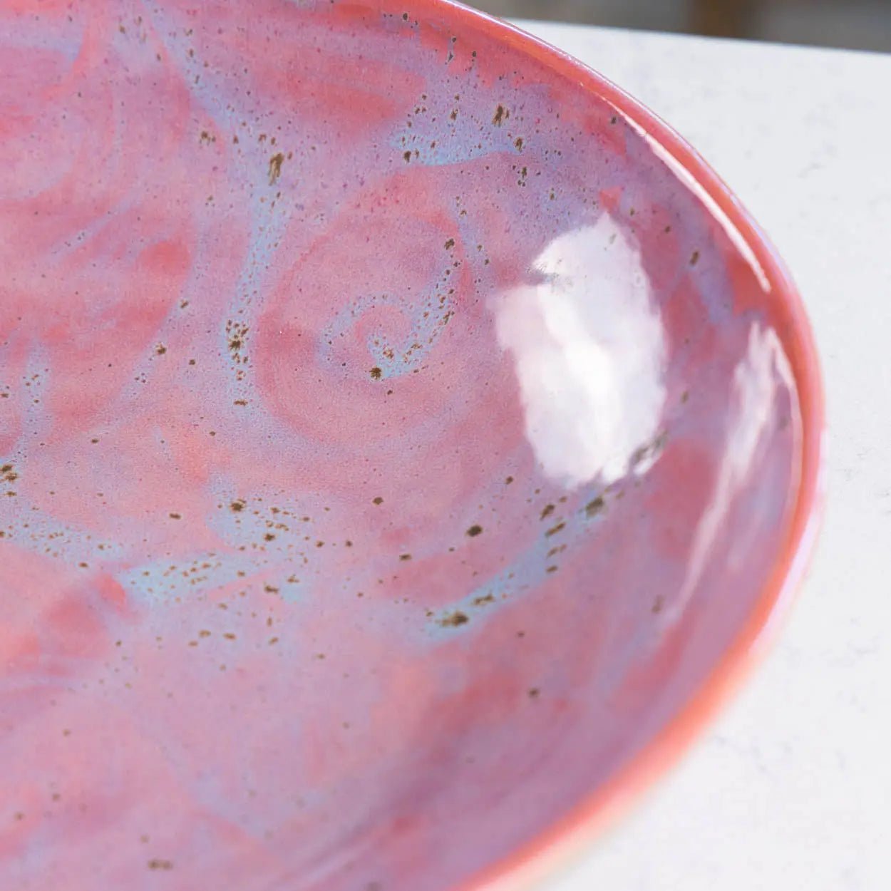#23 XL Stoneware Abstract Art Exterior with Pinks and Blues Inside Decorative Serving Bowl (Color Spectrum Series) - Dan Pearce Ceramics