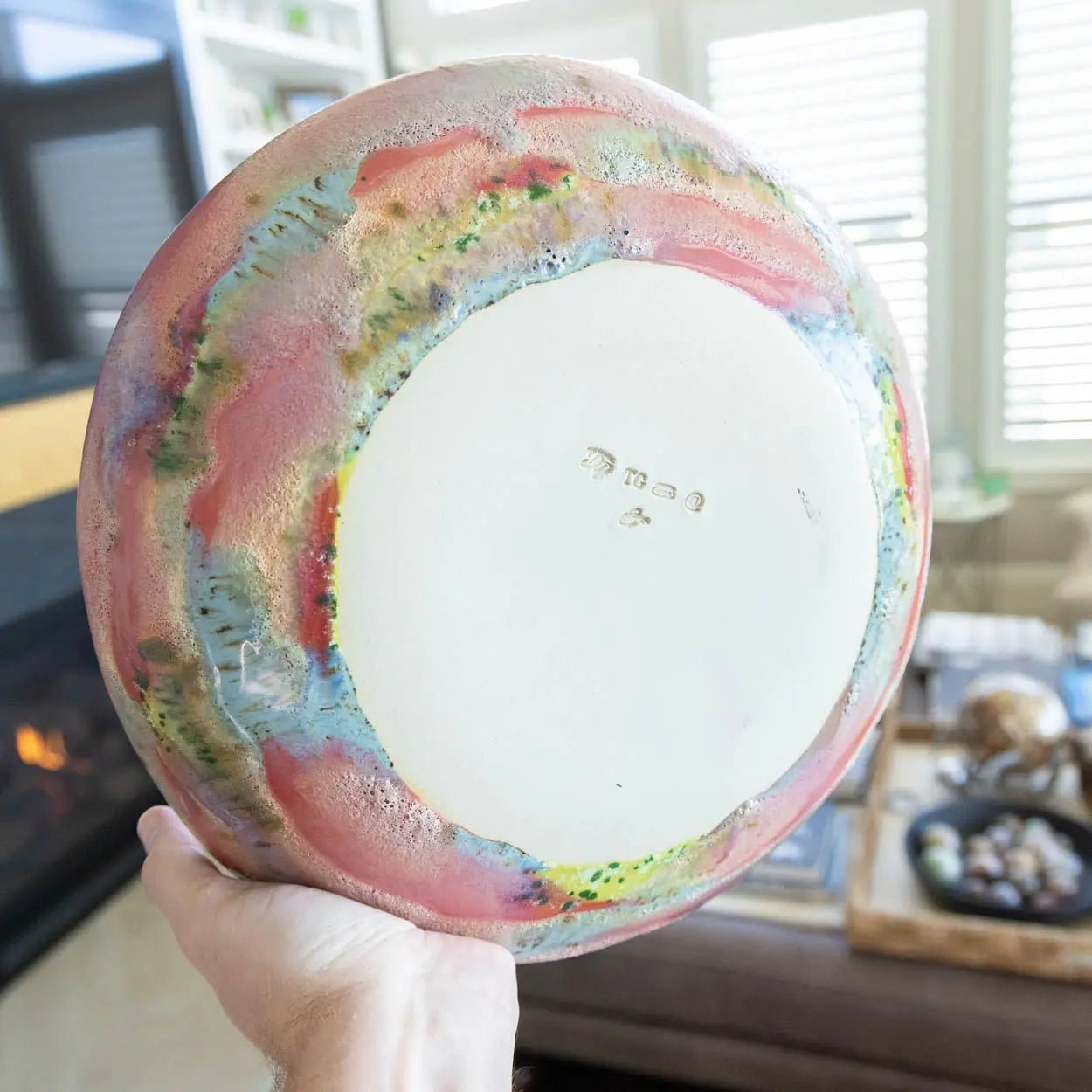 #23 XL Stoneware Abstract Art Exterior with Pinks and Blues Inside Decorative Serving Bowl (Color Spectrum Series) - Dan Pearce Ceramics