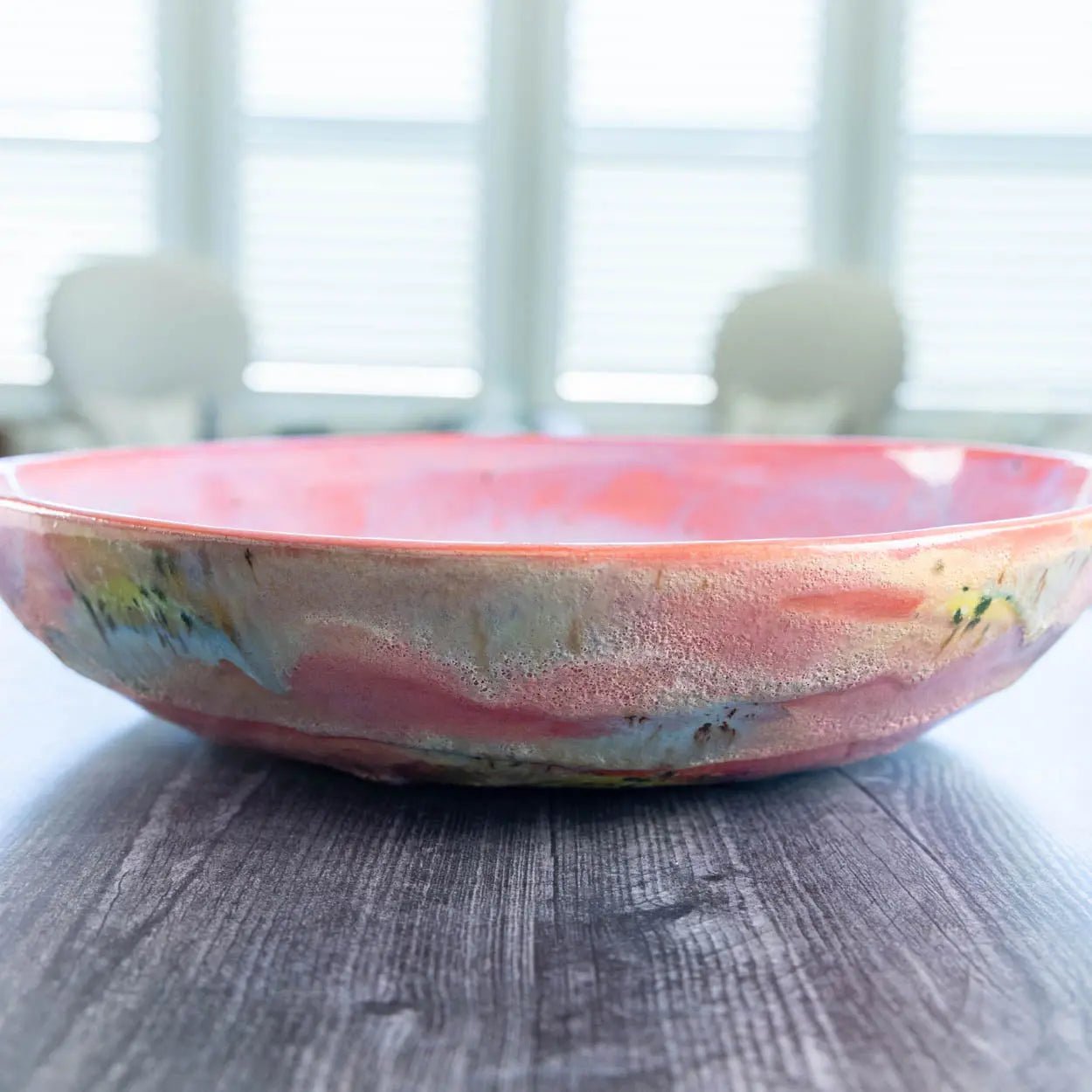 #23 XL Stoneware Abstract Art Exterior with Pinks and Blues Inside Decorative Serving Bowl (Color Spectrum Series) - Dan Pearce Ceramics