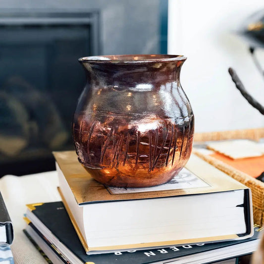 #26 Large Raku Decorative Pot - Rubber Band Coppers & Dark Charcoal - (Creative Collection) - Dan Pearce Ceramics