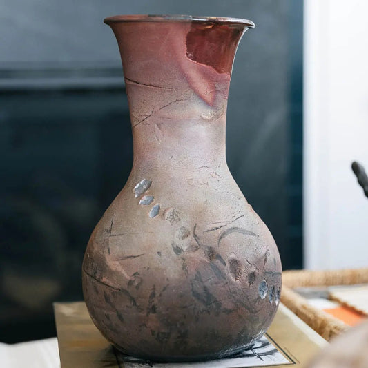 #27 XL Raku Decorative Rubber Band Pot/Vase - Matte & Metallic Coppers, Greens and Charcoals - (Creative Collection) - Dan Pearce Ceramics