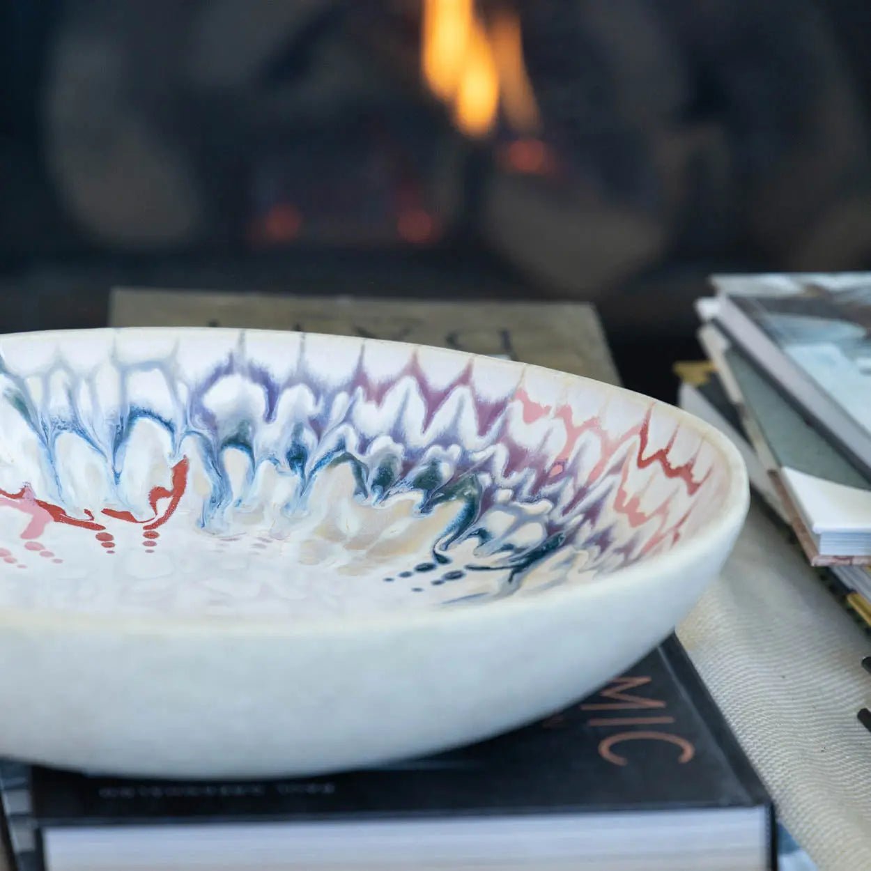 #31 XL Stoneware Decorative Serving Bowl Drippy Blues, Purples, Reds, and Pinks (Color Spectrum Series) - Dan Pearce Ceramics