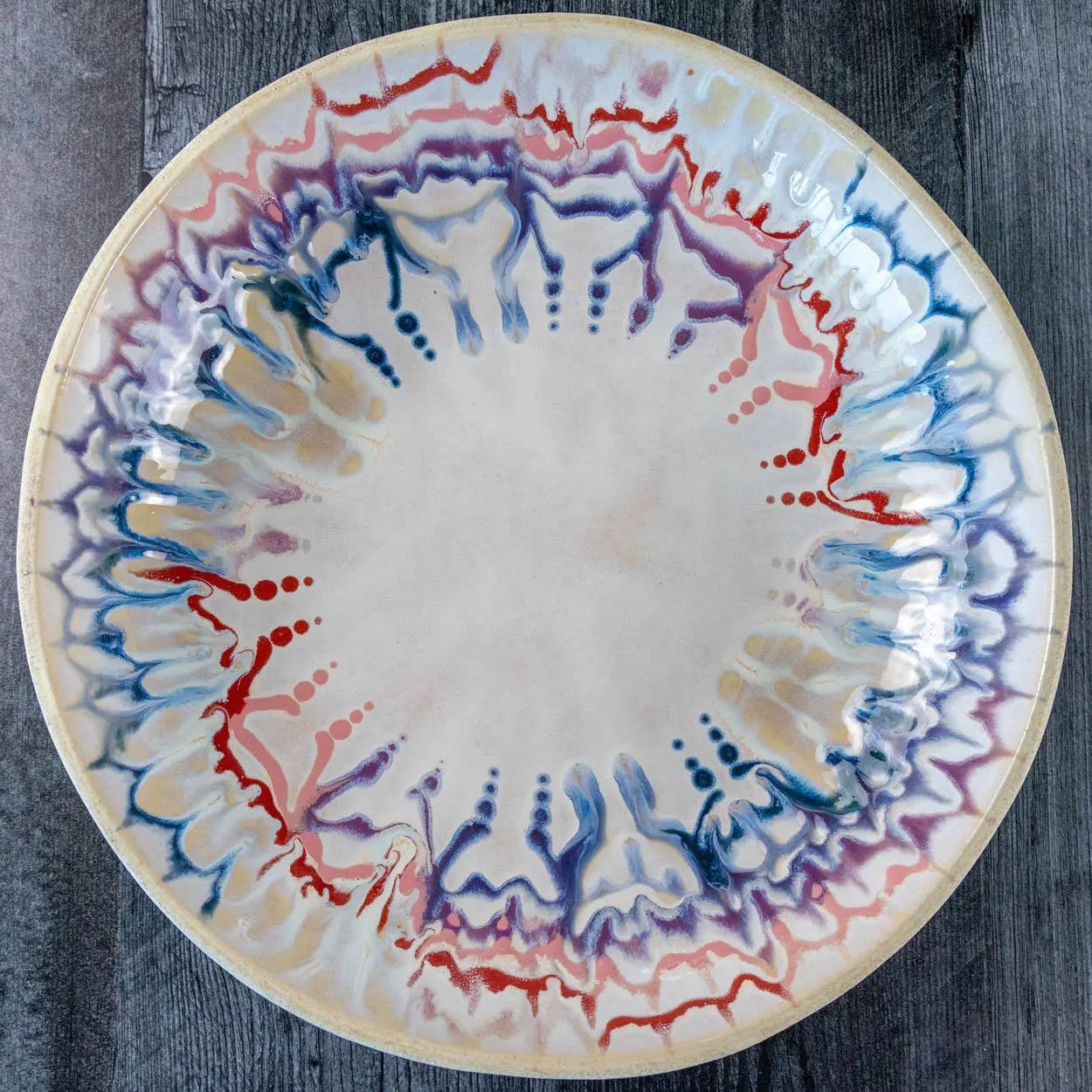 #31 XL Stoneware Decorative Serving Bowl Drippy Blues, Purples, Reds, and Pinks (Color Spectrum Series) - Dan Pearce Ceramics