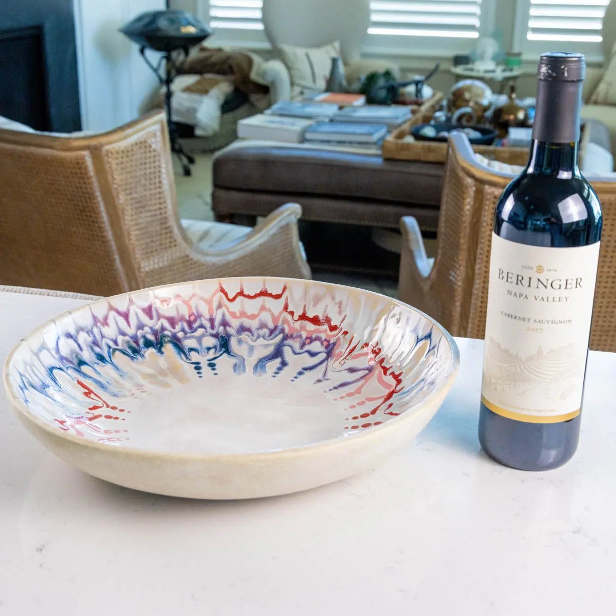 #31 XL Stoneware Decorative Serving Bowl Drippy Blues, Purples, Reds, and Pinks (Color Spectrum Series) - Dan Pearce Ceramics