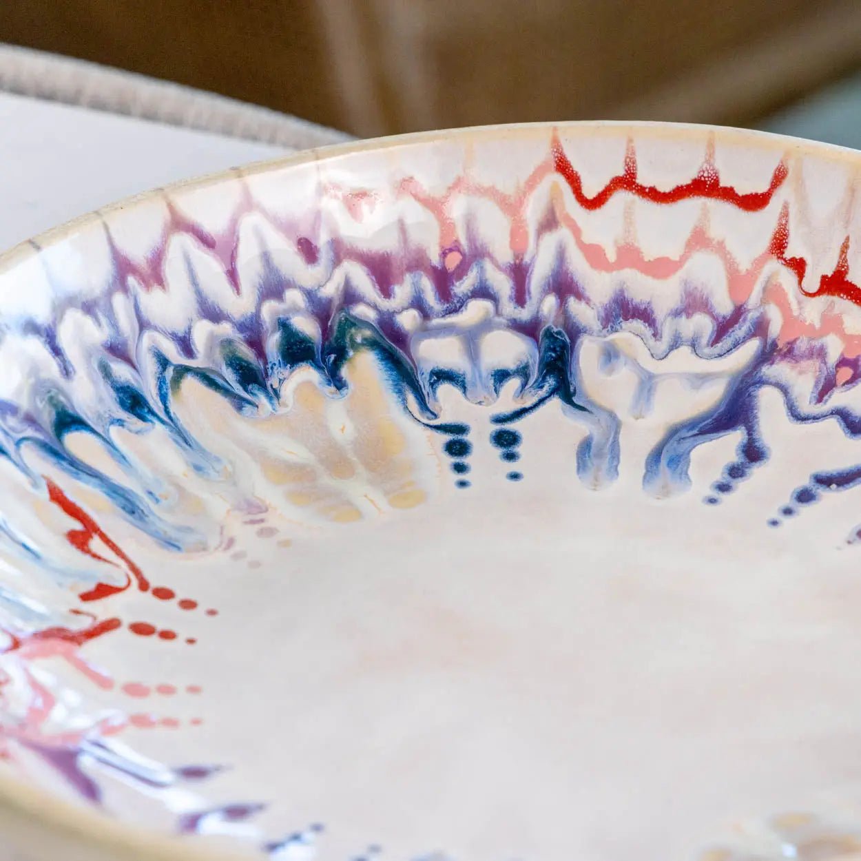 #31 XL Stoneware Decorative Serving Bowl Drippy Blues, Purples, Reds, and Pinks (Color Spectrum Series) - Dan Pearce Ceramics