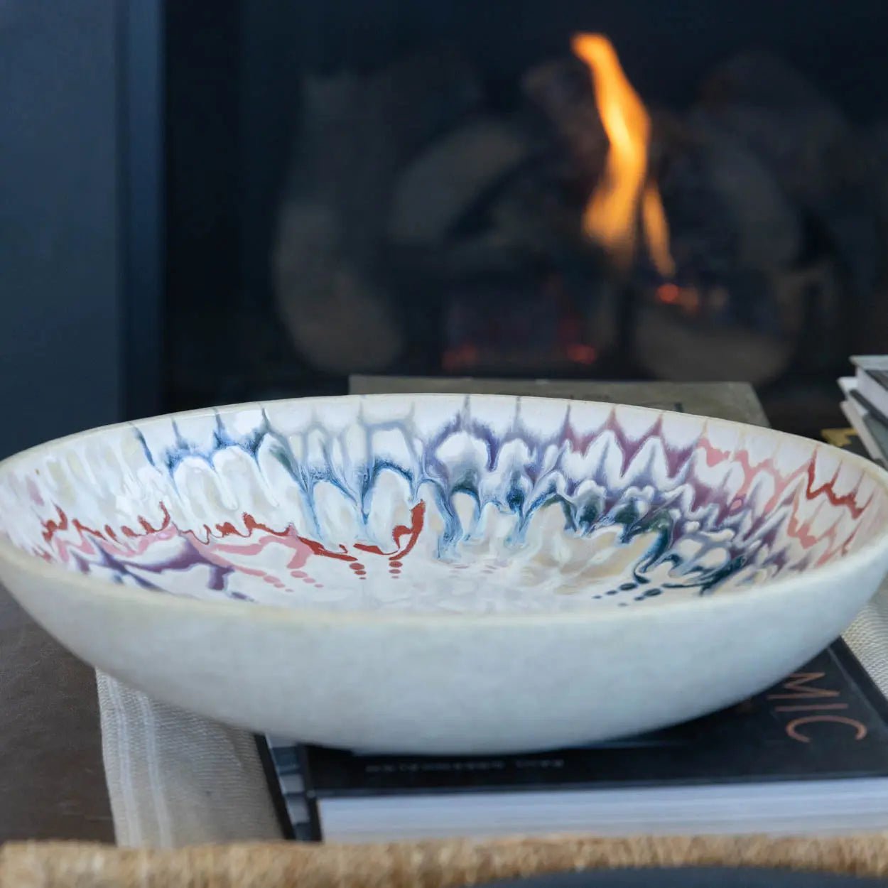 #31 XL Stoneware Decorative Serving Bowl Drippy Blues, Purples, Reds, and Pinks (Color Spectrum Series) - Dan Pearce Ceramics