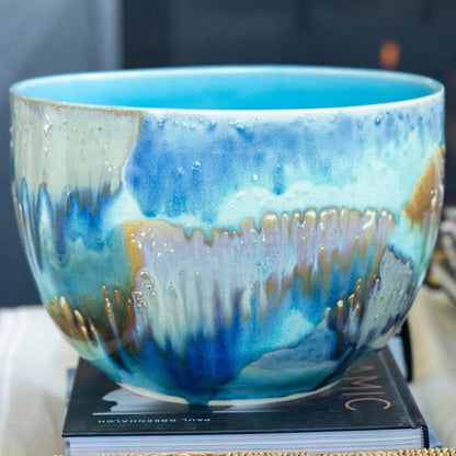 #41 XXL Stoneware Deep Decorative Serving Bowl layer with teals, blues, and chestnut (Color Spectrum Series) - Dan Pearce Ceramics