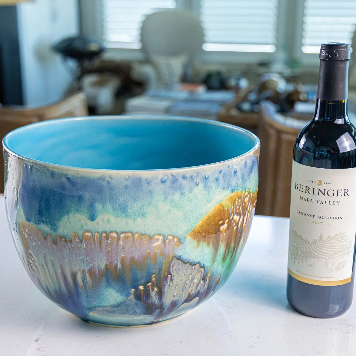 #41 XXL Stoneware Deep Decorative Serving Bowl layer with teals, blues, and chestnut (Color Spectrum Series) - Dan Pearce Ceramics
