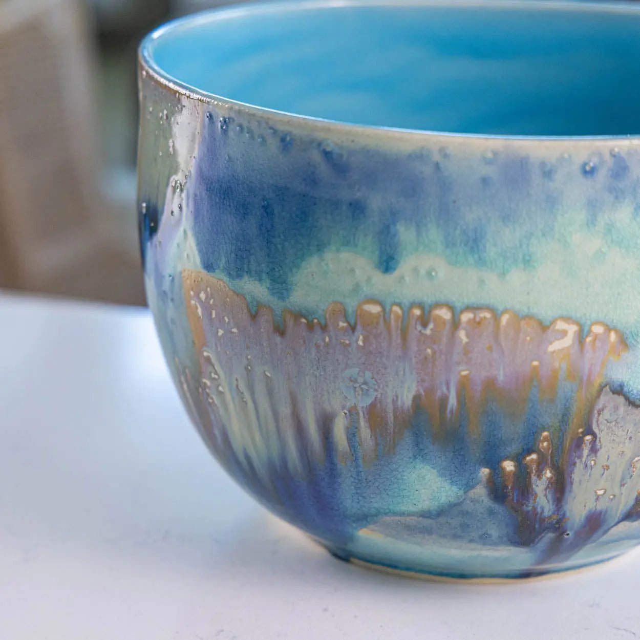 #41 XXL Stoneware Deep Decorative Serving Bowl layer with teals, blues, and chestnut (Color Spectrum Series) - Dan Pearce Ceramics