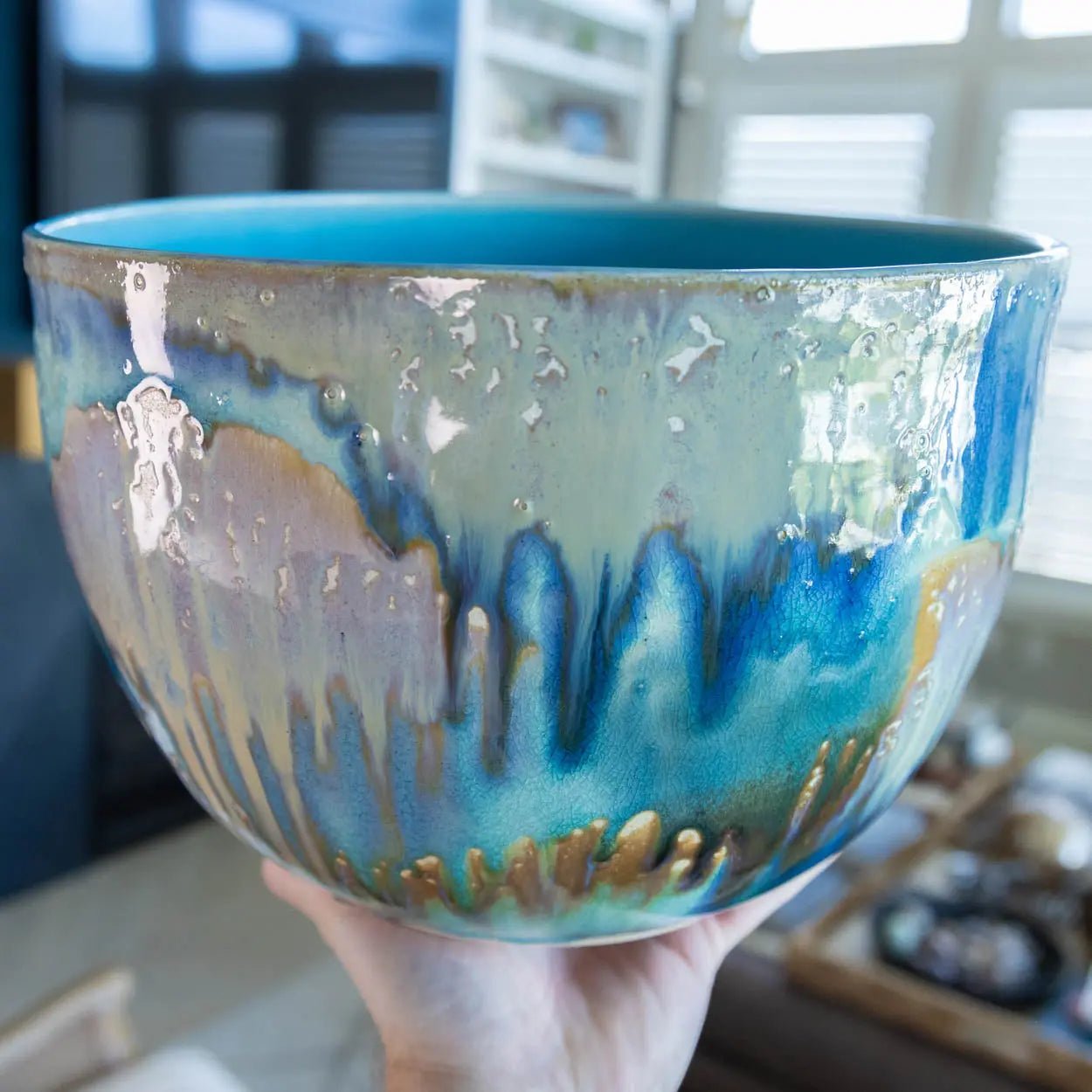 #41 XXL Stoneware Deep Decorative Serving Bowl layer with teals, blues, and chestnut (Color Spectrum Series) - Dan Pearce Ceramics