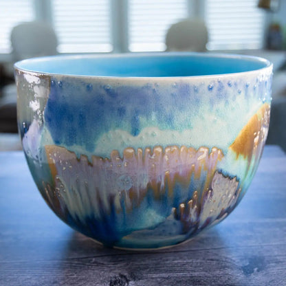 #41 XXL Stoneware Deep Decorative Serving Bowl layer with teals, blues, and chestnut (Color Spectrum Series) - Dan Pearce Ceramics