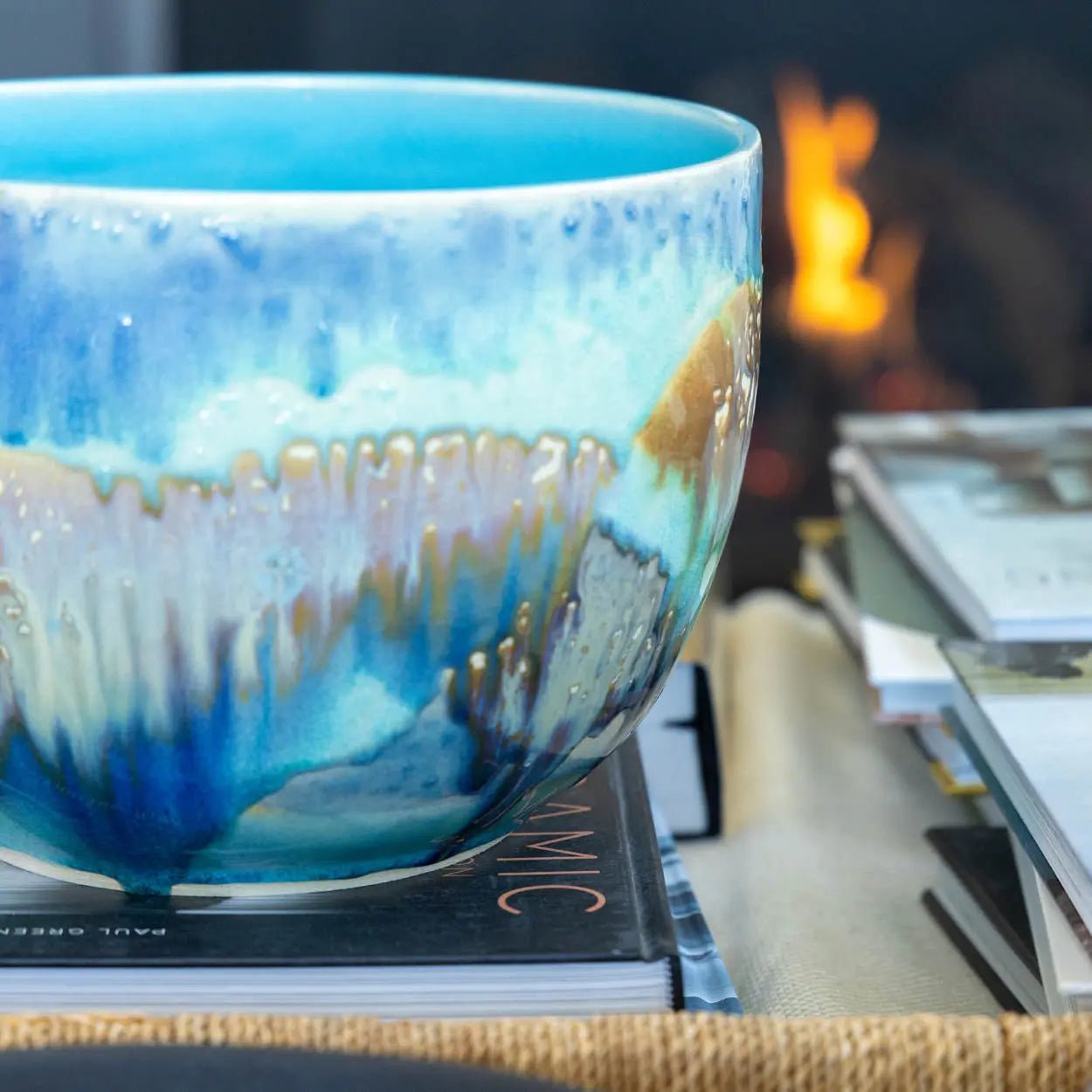 #41 XXL Stoneware Deep Decorative Serving Bowl layer with teals, blues, and chestnut (Color Spectrum Series) - Dan Pearce Ceramics