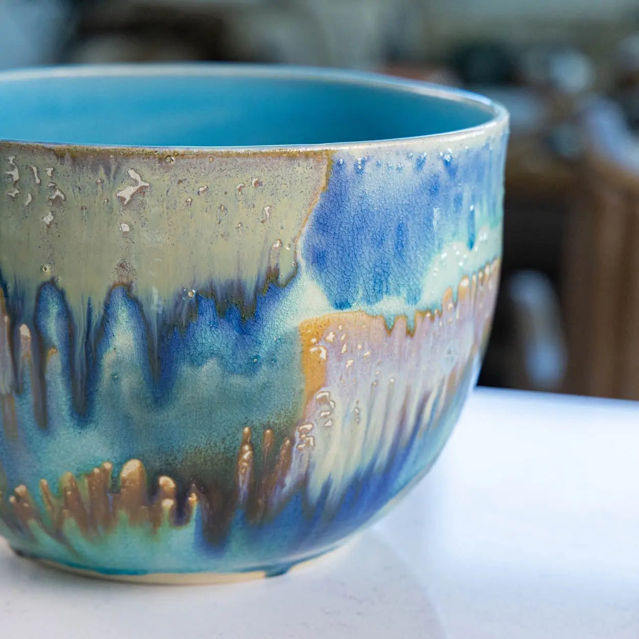 #41 XXL Stoneware Deep Decorative Serving Bowl layer with teals, blues, and chestnut (Color Spectrum Series) - Dan Pearce Ceramics