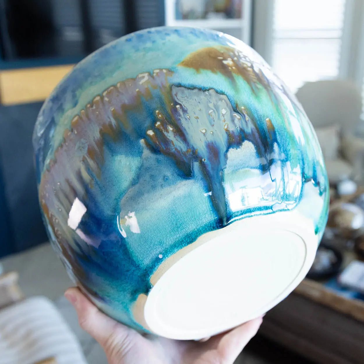 #41 XXL Stoneware Deep Decorative Serving Bowl layer with teals, blues, and chestnut (Color Spectrum Series) - Dan Pearce Ceramics
