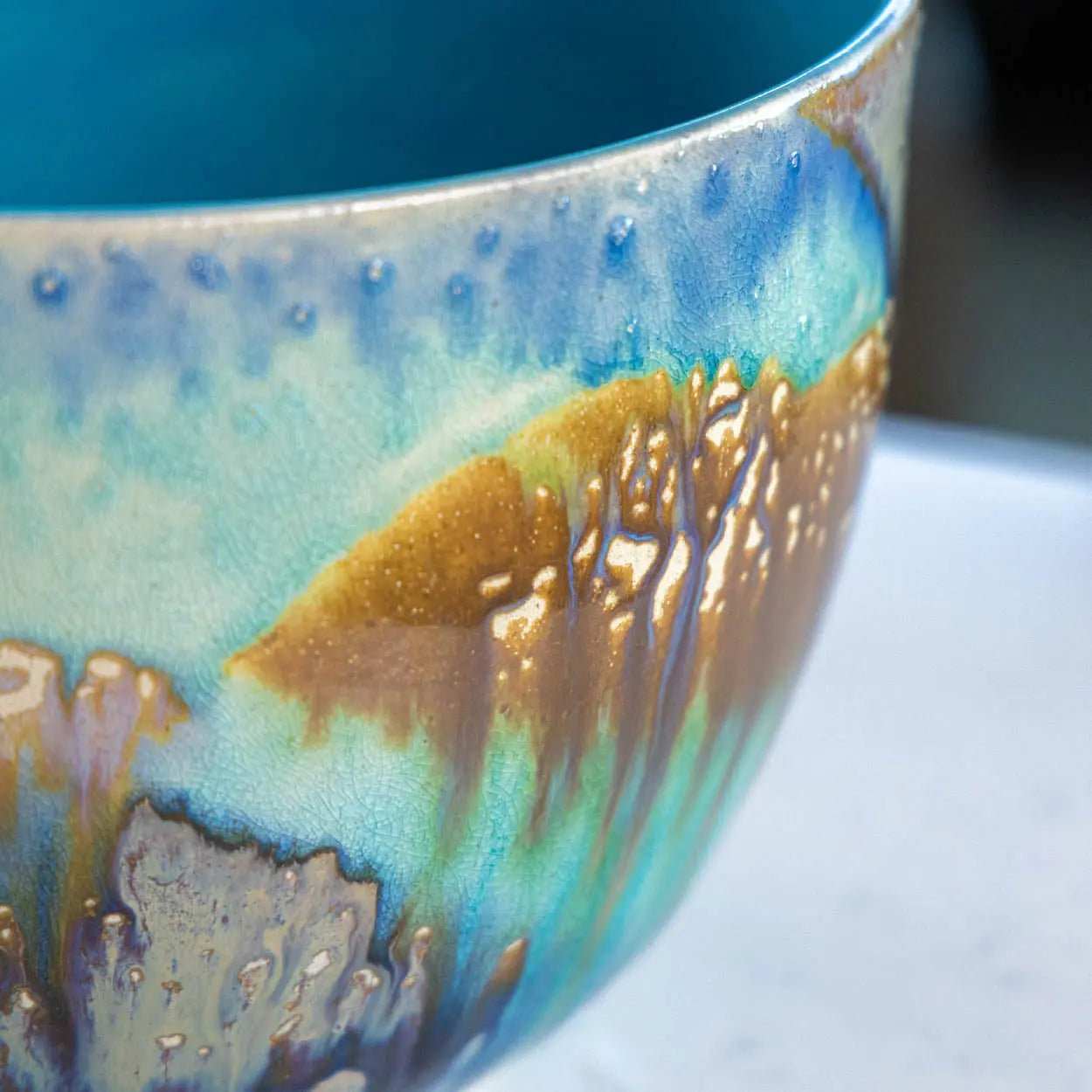 #41 XXL Stoneware Deep Decorative Serving Bowl layer with teals, blues, and chestnut (Color Spectrum Series) - Dan Pearce Ceramics