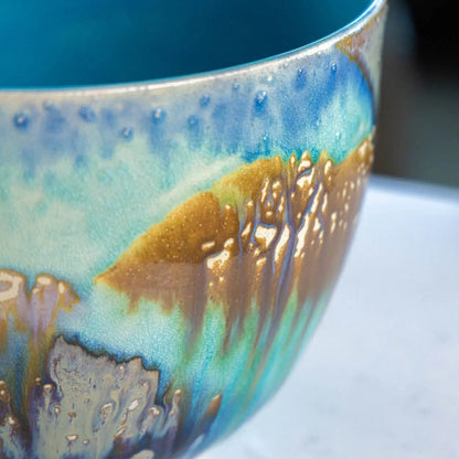 #41 XXL Stoneware Deep Decorative Serving Bowl layer with teals, blues, and chestnut (Color Spectrum Series) - Dan Pearce Ceramics