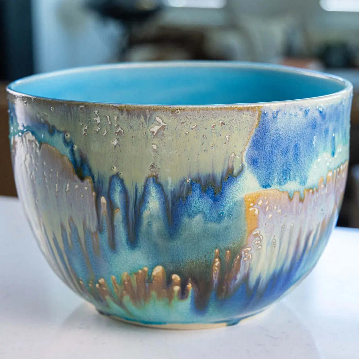 #41 XXL Stoneware Deep Decorative Serving Bowl layer with teals, blues, and chestnut (Color Spectrum Series) - Dan Pearce Ceramics