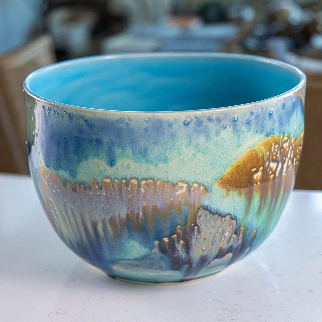 #41 XXL Stoneware Deep Decorative Serving Bowl layer with teals, blues, and chestnut (Color Spectrum Series) - Dan Pearce Ceramics