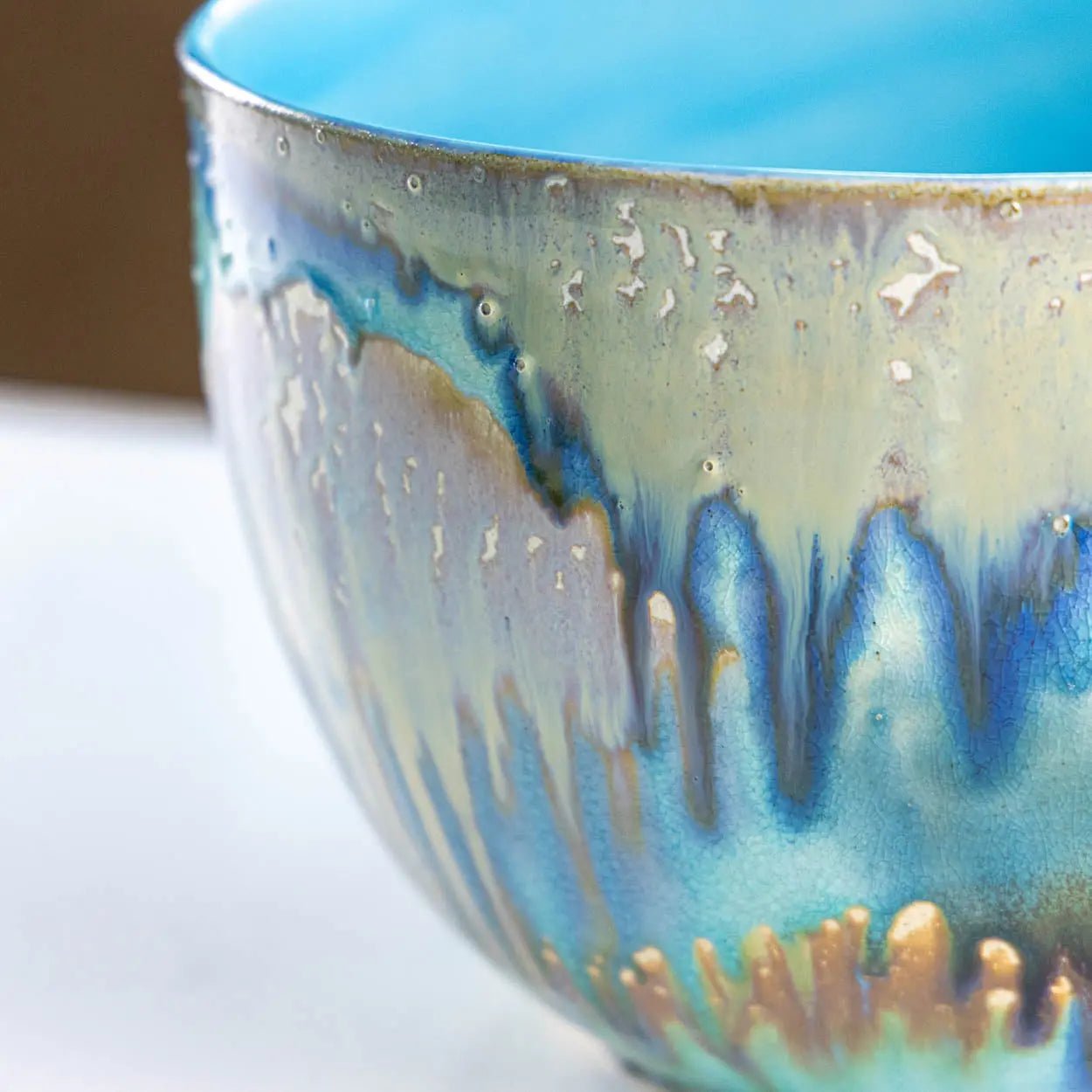#41 XXL Stoneware Deep Decorative Serving Bowl layer with teals, blues, and chestnut (Color Spectrum Series) - Dan Pearce Ceramics
