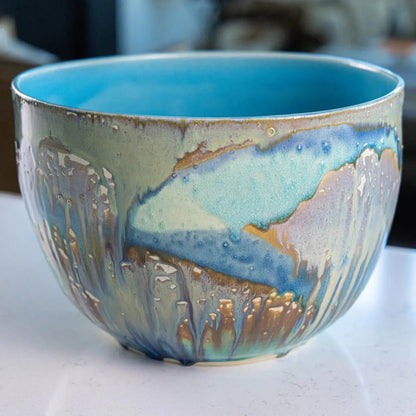 #41 XXL Stoneware Deep Decorative Serving Bowl layer with teals, blues, and chestnut (Color Spectrum Series) - Dan Pearce Ceramics