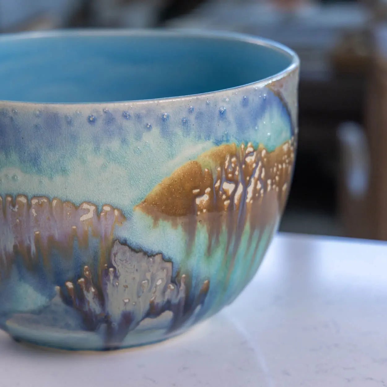 #41 XXL Stoneware Deep Decorative Serving Bowl layer with teals, blues, and chestnut (Color Spectrum Series) - Dan Pearce Ceramics