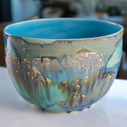 #41 XXL Stoneware Deep Decorative Serving Bowl layer with teals, blues, and chestnut (Color Spectrum Series) - Dan Pearce Ceramics