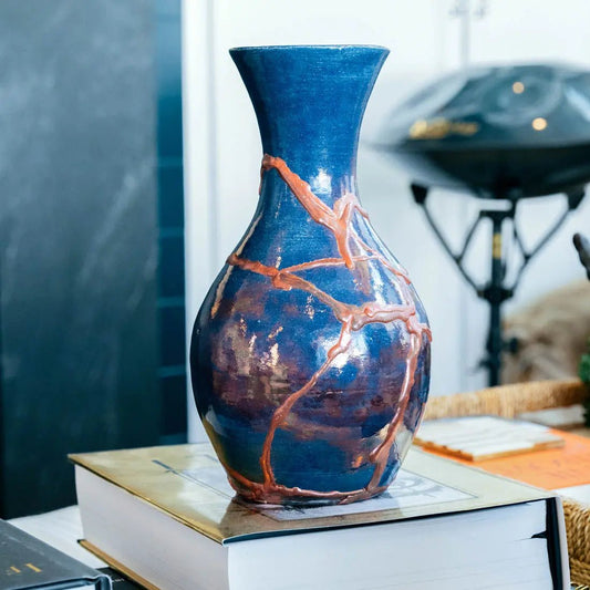 #51 XL KINTSUGI Raku Decorative Pot/Vase - Coppers & Cobalt - (Creative Collection) - Dan Pearce Ceramics