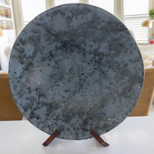 #57 XL Gray Stoneware Serving Platter - Earthy Water Gun Abstract Blues with REAL GOLD - (Creative Collection) - Dan Pearce Ceramics