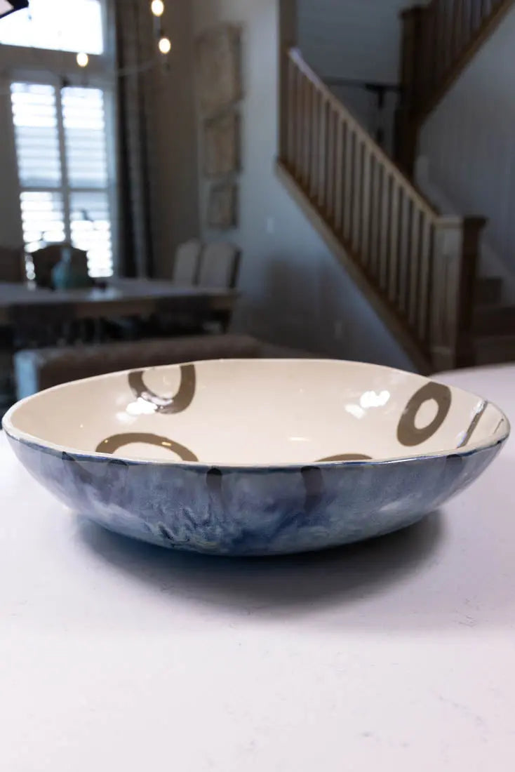 Bowl #18 XXL Stoneware Ringed Interior Flowy Blues Exterior (Big Bowl Series) 