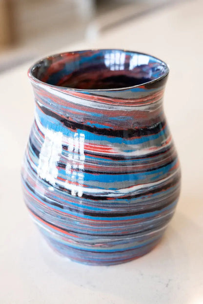 Abstract Marbled Pot/Vase: Porcelain Multi - Colored Reds, Blues, Whites - Dan Pearce Ceramics