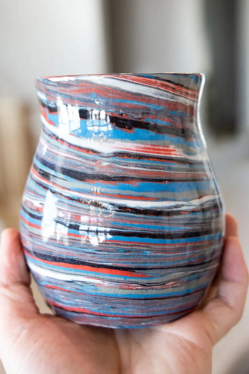 Abstract Marbled Pot/Vase: Porcelain Multi - Colored Reds, Blues, Whites - Dan Pearce Ceramics