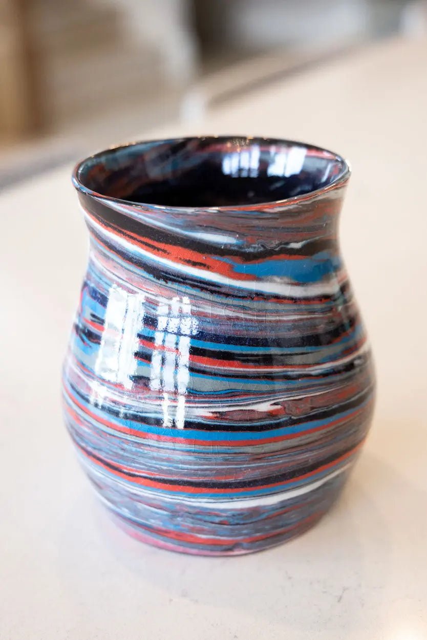 Abstract Marbled Pot/Vase: Porcelain Multi - Colored Reds, Blues, Whites - Dan Pearce Ceramics