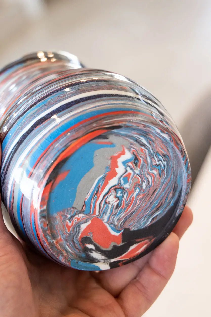 Abstract Marbled Pot/Vase: Porcelain Multi - Colored Reds, Blues, Whites - Dan Pearce Ceramics