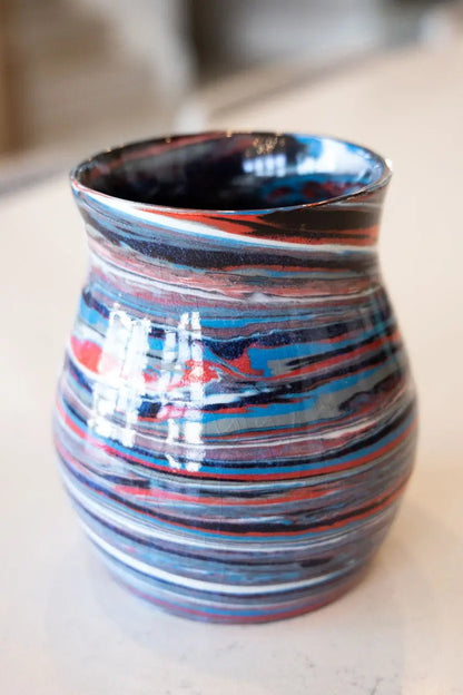 Abstract Marbled Pot/Vase: Porcelain Multi - Colored Reds, Blues, Whites - Dan Pearce Ceramics