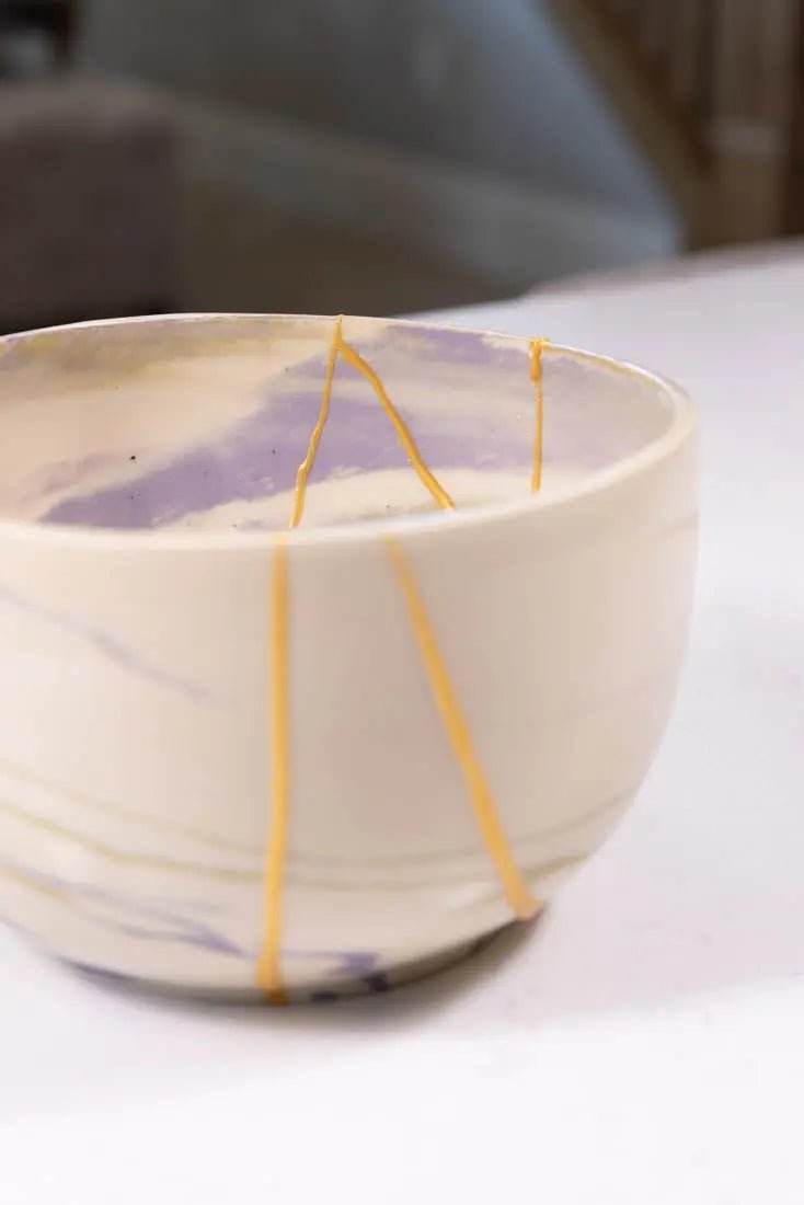 Bowl #03 Medium - Large Kintsugi Stoneware Purple, Gold, & White Bowl (Big Bowl Series) - Dan Pearce Ceramics