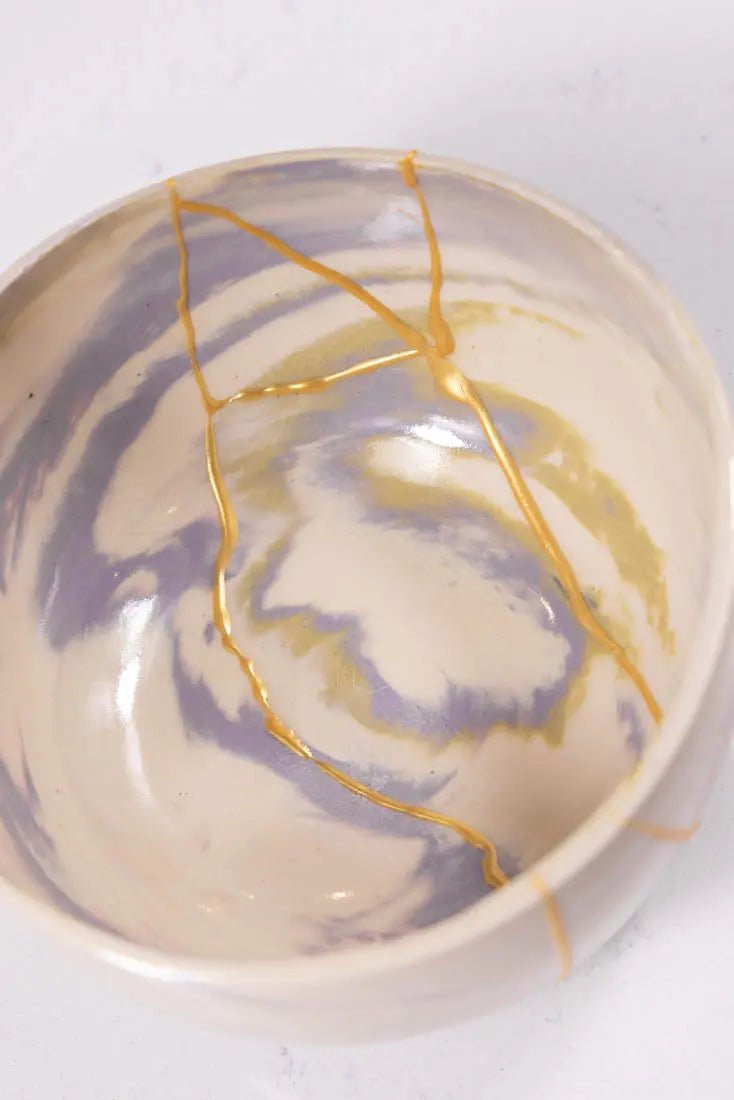 Bowl #03 Medium - Large Kintsugi Stoneware Purple, Gold, & White Bowl (Big Bowl Series) - Dan Pearce Ceramics