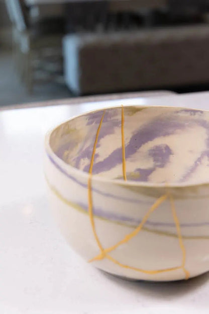 Bowl #03 Medium - Large Kintsugi Stoneware Purple, Gold, & White Bowl (Big Bowl Series) - Dan Pearce Ceramics