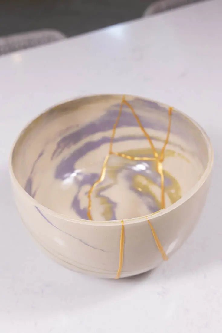 Bowl #03 Medium - Large Kintsugi Stoneware Purple, Gold, & White Bowl (Big Bowl Series) - Dan Pearce Ceramics