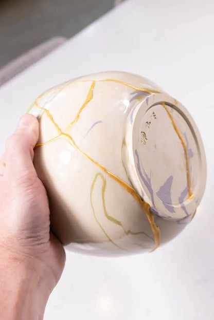 Bowl #03 Medium - Large Kintsugi Stoneware Purple, Gold, & White Bowl (Big Bowl Series) - Dan Pearce Ceramics