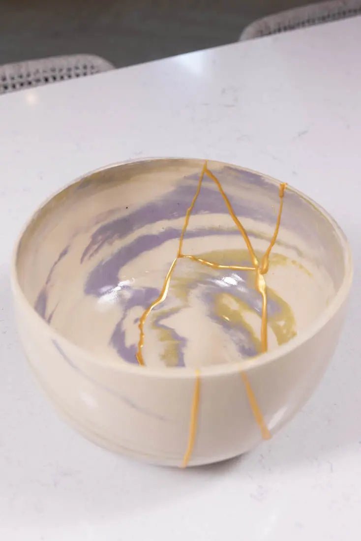 Bowl #03 Medium - Large Kintsugi Stoneware Purple, Gold, & White Bowl (Big Bowl Series) - Dan Pearce Ceramics