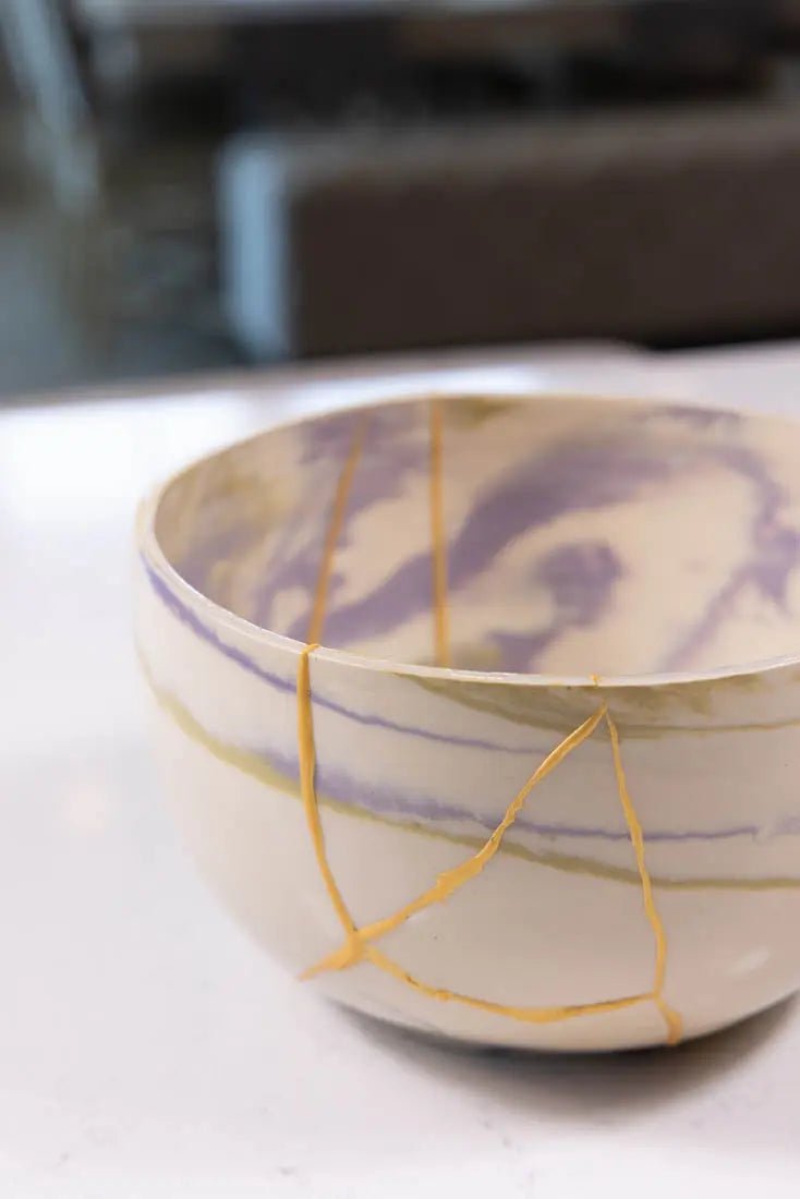 Bowl #03 Medium - Large Kintsugi Stoneware Purple, Gold, & White Bowl (Big Bowl Series) - Dan Pearce Ceramics