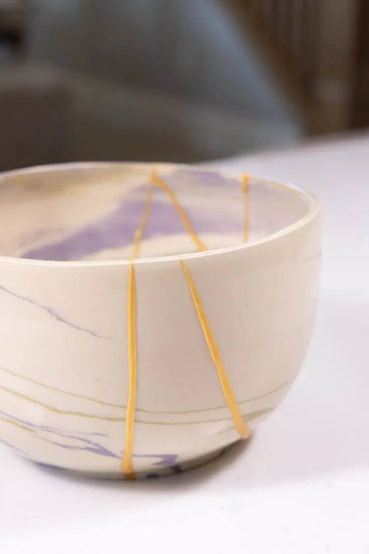 Bowl #03 Medium - Large Kintsugi Stoneware Purple, Gold, & White Bowl (Big Bowl Series) - Dan Pearce Ceramics