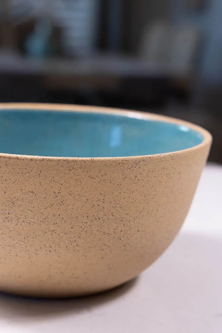 Bowl #06 XL Speckled Buff Stoneware Turquoise Interior Serving Bowl (Big Bowl Series) - Dan Pearce Ceramics