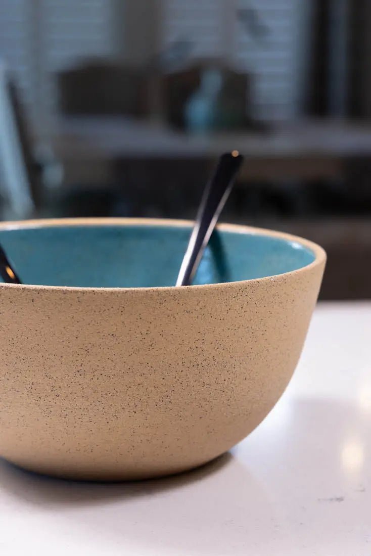 Bowl #06 XL Speckled Buff Stoneware Turquoise Interior Serving Bowl (Big Bowl Series) - Dan Pearce Ceramics