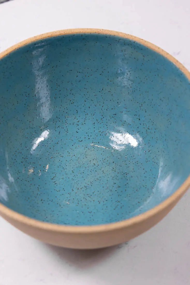 Bowl #06 XL Speckled Buff Stoneware Turquoise Interior Serving Bowl (Big Bowl Series) - Dan Pearce Ceramics