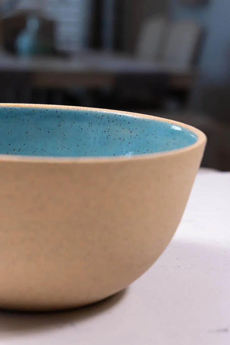 Bowl #06 XL Speckled Buff Stoneware Turquoise Interior Serving Bowl (Big Bowl Series) - Dan Pearce Ceramics