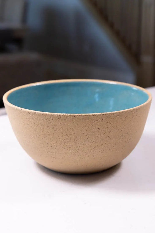 Bowl #06 XL Speckled Buff Stoneware Turquoise Interior Serving Bowl (Big Bowl Series) - Dan Pearce Ceramics