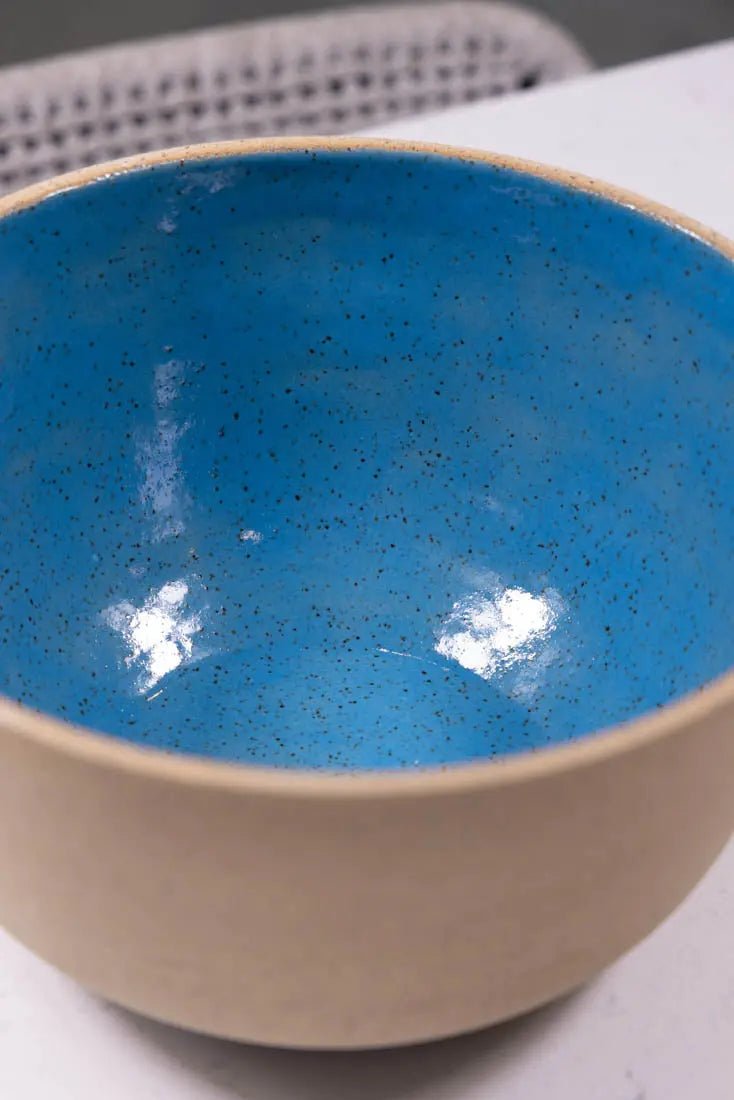 Bowl #08 Speckled Buff Stoneware Mediterranean Blue Interior Serving Bowl (Big Bowl Series) - Dan Pearce Ceramics