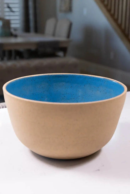 Bowl #08 Speckled Buff Stoneware Mediterranean Blue Interior Serving Bowl (Big Bowl Series) - Dan Pearce Ceramics